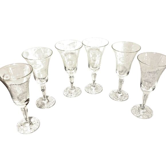 Vintage Etched Clear Crystal Cordial Glasses Flare Rim Set of 6 Mid Century Bar - Picture 2 of 10